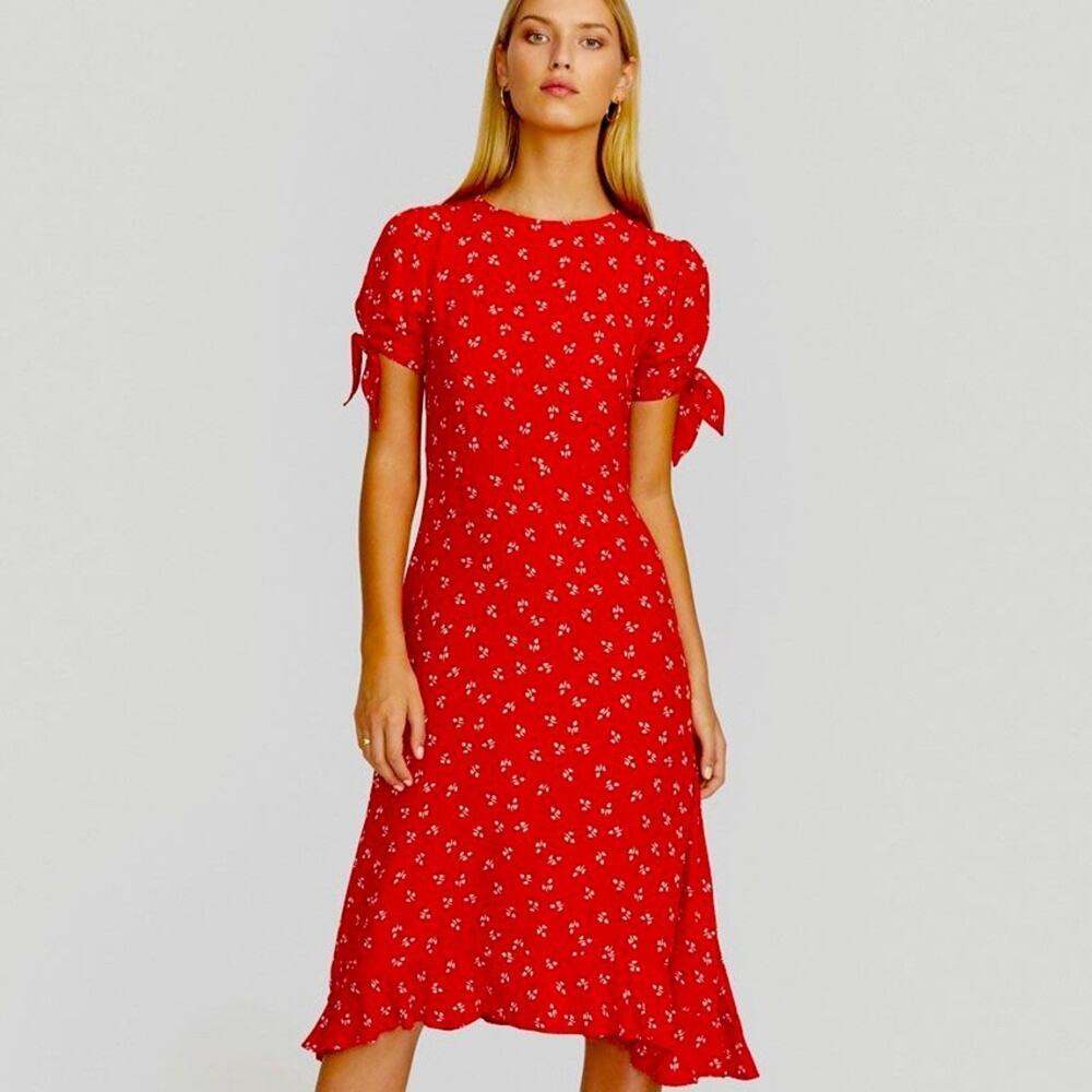 Faithfull The Brand Red Floral Smocked Puff Sleeve Mini Dress Size S A011080